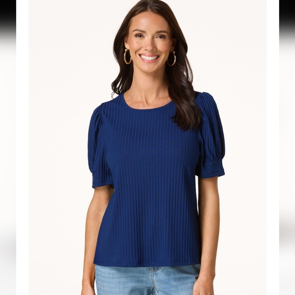 Cato Ribbed Puff Sleeve White Top - Picture 2 of 4
